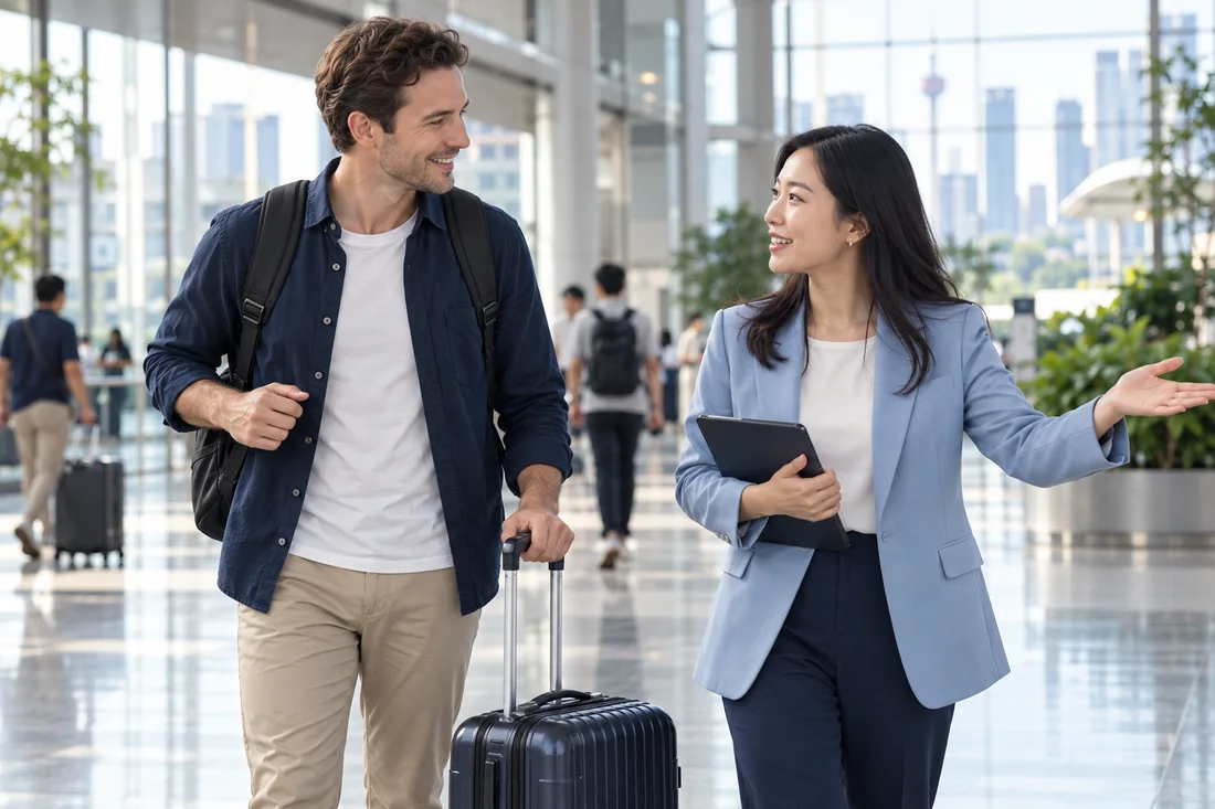 A coordinator greeting a traveler on arrival